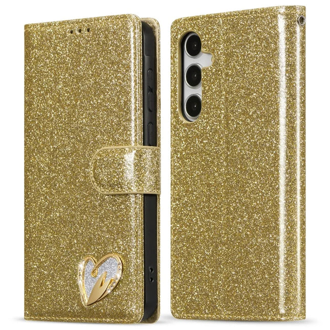 For Samsung Galaxy A15 4G  /  5G Glitter Leather Case with Diamond Love Heart Wallet Stand Flip Cover - Gold