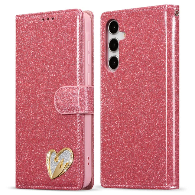 For Samsung Galaxy A55 5G Glitter Leather Case with Diamond Love Heart Wallet Stand Flip Cover - Pink