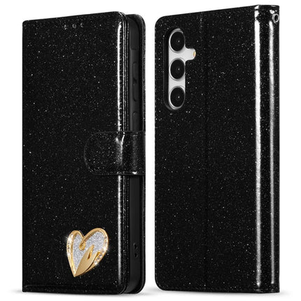 For Samsung Galaxy A55 5G Glitter Leather Case with Diamond Love Heart Wallet Stand Flip Cover - Black