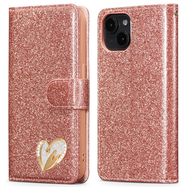 For iPhone 13 Glitter Leather Case with Diamond Love Heart Wallet Stand Flip Cover - Rose Gold