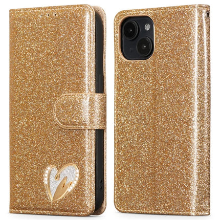For iPhone 13 mini Glitter Leather Case with Diamond Love Heart Wallet Stand Flip Cover - Gold