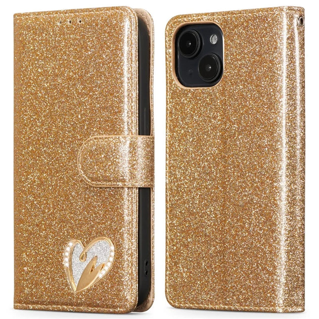 For iPhone 13 mini Glitter Leather Case with Diamond Love Heart Wallet Stand Flip Cover - Gold