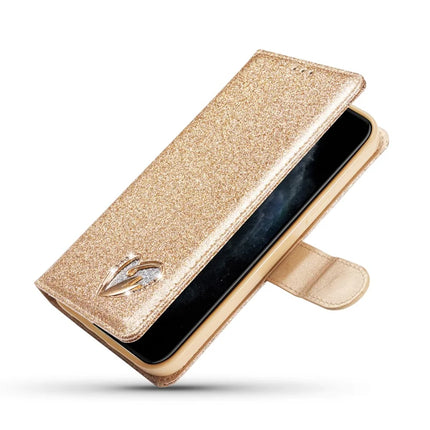 For iPhone 13 mini Glitter Leather Case with Diamond Love Heart Wallet Stand Flip Cover