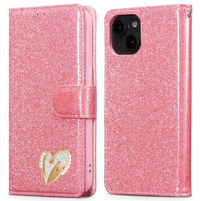 For iPhone 13 mini Glitter Leather Case with Diamond Love Heart Wallet Stand Flip Cover - Pink