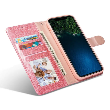 For iPhone 13 mini Glitter Leather Case with Diamond Love Heart Wallet Stand Flip Cover