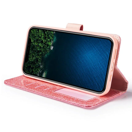 For iPhone 13 mini Glitter Leather Case with Diamond Love Heart Wallet Stand Flip Cover