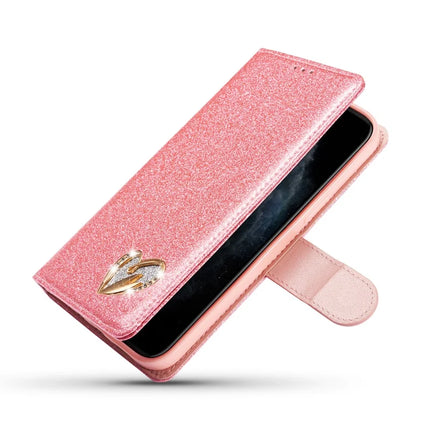 For iPhone 13 mini Glitter Leather Case with Diamond Love Heart Wallet Stand Flip Cover
