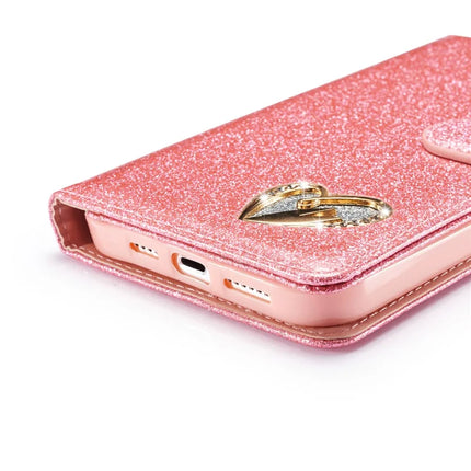 For iPhone 13 mini Glitter Leather Case with Diamond Love Heart Wallet Stand Flip Cover