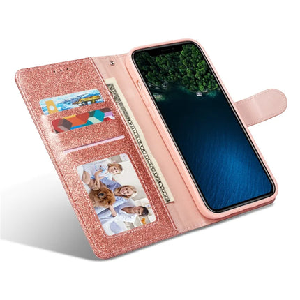 For iPhone 13 mini Glitter Leather Case with Diamond Love Heart Wallet Stand Flip Cover
