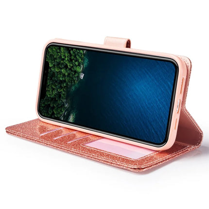 For iPhone 13 mini Glitter Leather Case with Diamond Love Heart Wallet Stand Flip Cover