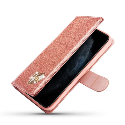 For iPhone 13 mini Glitter Leather Case with Diamond Love Heart Wallet Stand Flip Cover