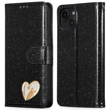 For iPhone 13 mini Glitter Leather Case with Diamond Love Heart Wallet Stand Flip Cover - Black