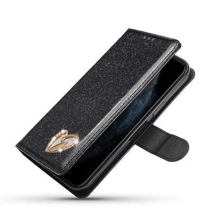 For iPhone 13 mini Glitter Leather Case with Diamond Love Heart Wallet Stand Flip Cover