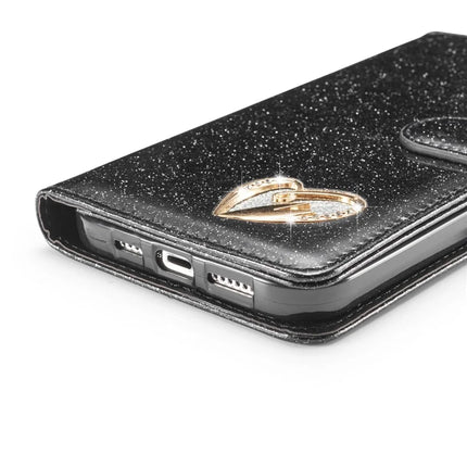 For iPhone 13 mini Glitter Leather Case with Diamond Love Heart Wallet Stand Flip Cover