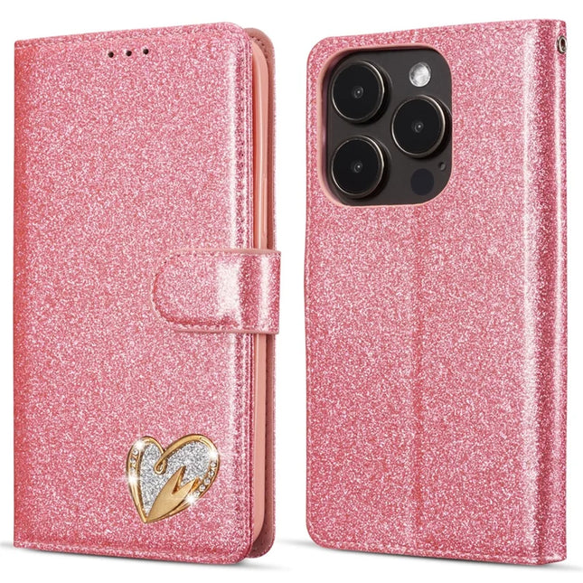 For iPhone 13 Pro Max Glitter Leather Case with Diamond Love Heart Wallet Stand Flip Cover - Pink