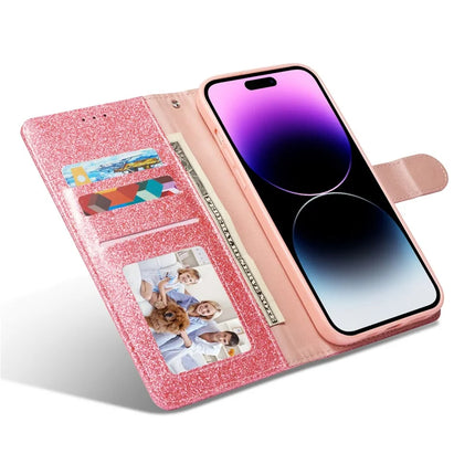 For iPhone 13 Pro Max Glitter Leather Case with Diamond Love Heart Wallet Stand Flip Cover