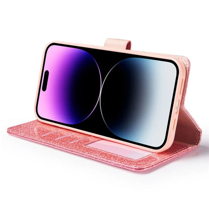 For iPhone 13 Pro Max Glitter Leather Case with Diamond Love Heart Wallet Stand Flip Cover