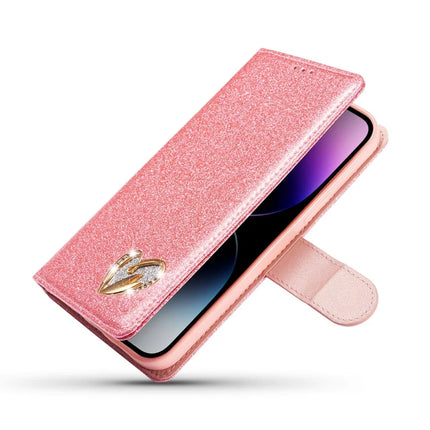 For iPhone 13 Pro Max Glitter Leather Case with Diamond Love Heart Wallet Stand Flip Cover