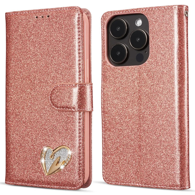 For iPhone 13 Pro Max Glitter Leather Case with Diamond Love Heart Wallet Stand Flip Cover - Rose Gold