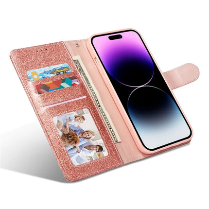 For iPhone 13 Pro Max Glitter Leather Case with Diamond Love Heart Wallet Stand Flip Cover