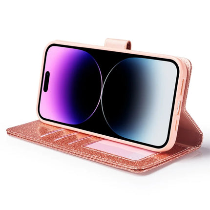 For iPhone 13 Pro Max Glitter Leather Case with Diamond Love Heart Wallet Stand Flip Cover