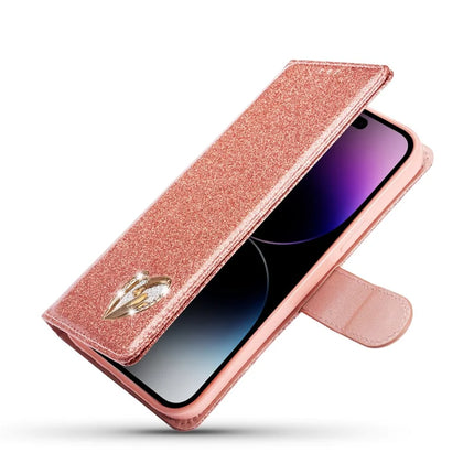 For iPhone 13 Pro Max Glitter Leather Case with Diamond Love Heart Wallet Stand Flip Cover