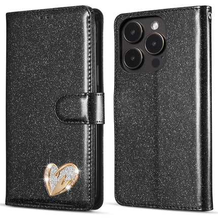 For iPhone 13 Pro Max Glitter Leather Case with Diamond Love Heart Wallet Stand Flip Cover - Black