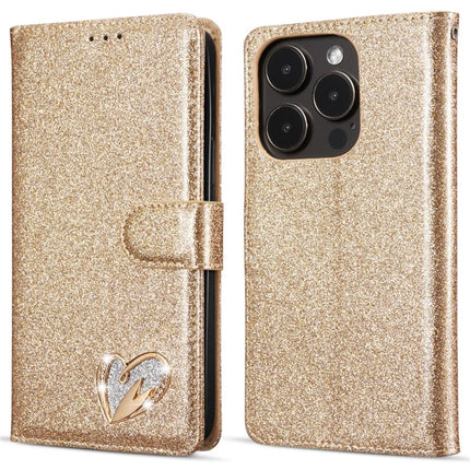 For iPhone 13 Pro Max Glitter Leather Case with Diamond Love Heart Wallet Stand Flip Cover - Gold