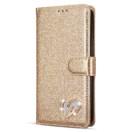 For iPhone 13 Pro Max Glitter Leather Case with Diamond Love Heart Wallet Stand Flip Cover