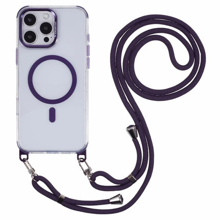 For iPhone 16 Pro Max Clear Case Compatible with MagSafe Shockproof PC+TPU Phone Cover with Long Lanyard - Purple