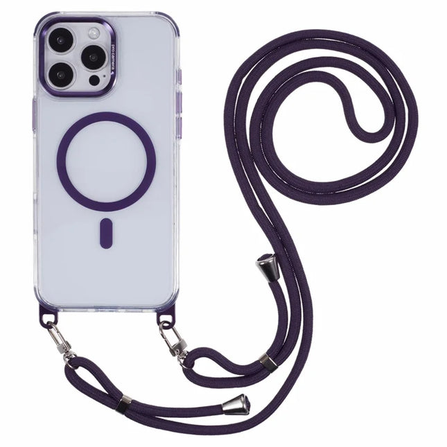 For iPhone 16 Pro Max Clear Case Compatible with MagSafe Shockproof PC+TPU Phone Cover with Long Lanyard - Purple