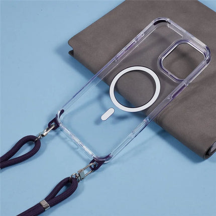 For iPhone 16 Pro Max Clear Case Compatible with MagSafe Shockproof PC+TPU Phone Cover with Long Lanyard