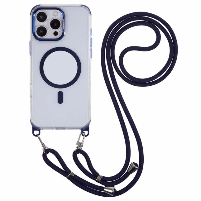 For iPhone 16 Pro Max Clear Case Compatible with MagSafe Shockproof PC+TPU Phone Cover with Long Lanyard - Blue