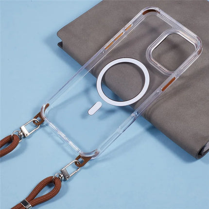 For iPhone 16 Pro Max Clear Case Compatible with MagSafe Shockproof PC+TPU Phone Cover with Long Lanyard