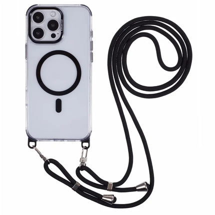 For iPhone 16 Pro Max Clear Case Compatible with MagSafe Shockproof PC+TPU Phone Cover with Long Lanyard - Black