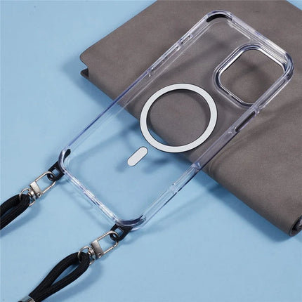 For iPhone 16 Pro Max Clear Case Compatible with MagSafe Shockproof PC+TPU Phone Cover with Long Lanyard
