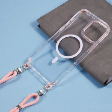 For iPhone 16 Pro Max Clear Case Compatible with MagSafe Shockproof PC+TPU Phone Cover with Long Lanyard