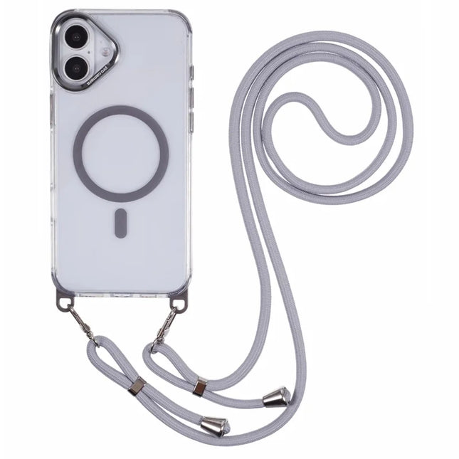 For iPhone 16 Plus Clear Case Compatible with MagSafe Shockproof PC+TPU Phone Cover with Long Lanyard - Grey