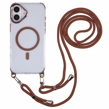 For iPhone 16 Plus Clear Case Compatible with MagSafe Shockproof PC+TPU Phone Cover with Long Lanyard - Retro Gold