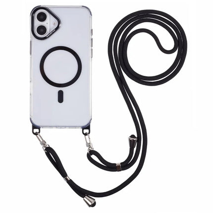 For iPhone 16 Plus Clear Case Compatible with MagSafe Shockproof PC+TPU Phone Cover with Long Lanyard - Black