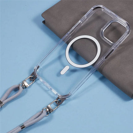 For iPhone 14 Clear Case Compatible with MagSafe Shockproof PC+TPU Phone Cover with Long Lanyard