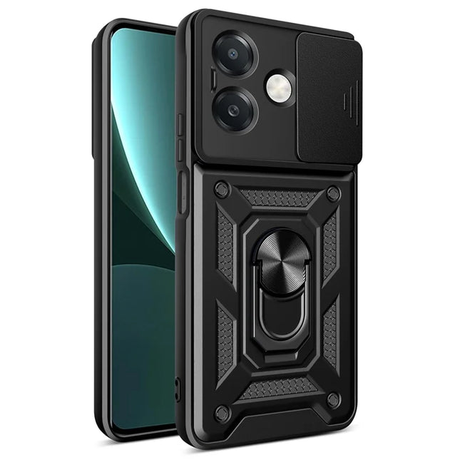 For Oppo A40 5G / A40 4G / A60 5G / A3x 5G (India) / A3x 4G Case with Slide Camera Lid PC+TPU Kickstand Phone Cover - Black