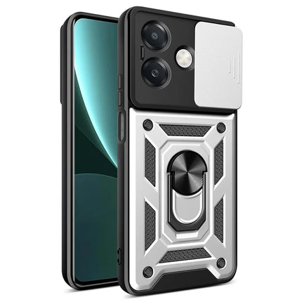 For Oppo A40 5G / A40 4G / A60 5G / A3x 5G (India) / A3x 4G Case with Slide Camera Lid PC+TPU Kickstand Phone Cover - Silver