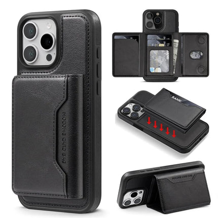 For iPhone 16 Pro Max Magnetic Case Leather Back Phone Cover with Detachable Card Bag - Black