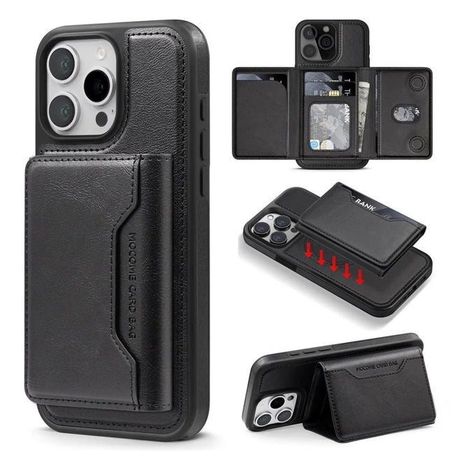 For iPhone 16 Pro Max Magnetic Case Leather Back Phone Cover with Detachable Card Bag - Black