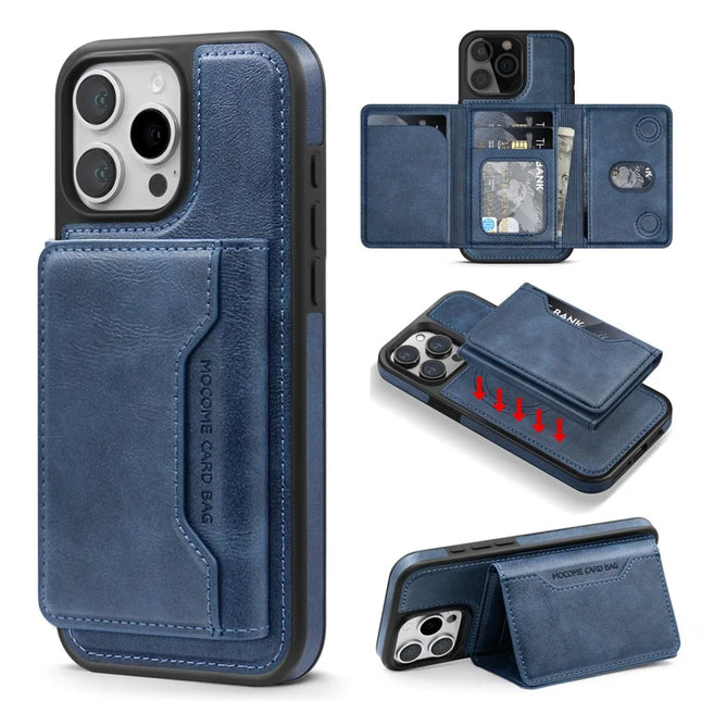For iPhone 16 Pro Max Magnetic Case Leather Back Phone Cover with Detachable Card Bag - Sapphire