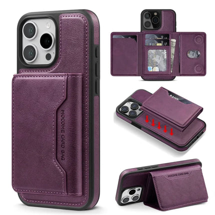For iPhone 16 Pro Max Magnetic Case Leather Back Phone Cover with Detachable Card Bag - Dark Purple