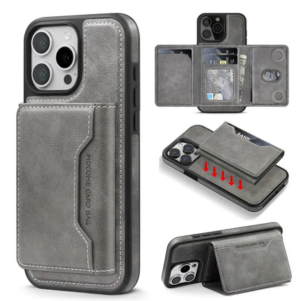 For iPhone 16 Pro Max Magnetic Case Leather Back Phone Cover with Detachable Card Bag - Titanium Grey