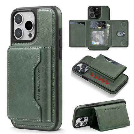 For iPhone 16 Pro Max Magnetic Case Leather Back Phone Cover with Detachable Card Bag - Blackish Green