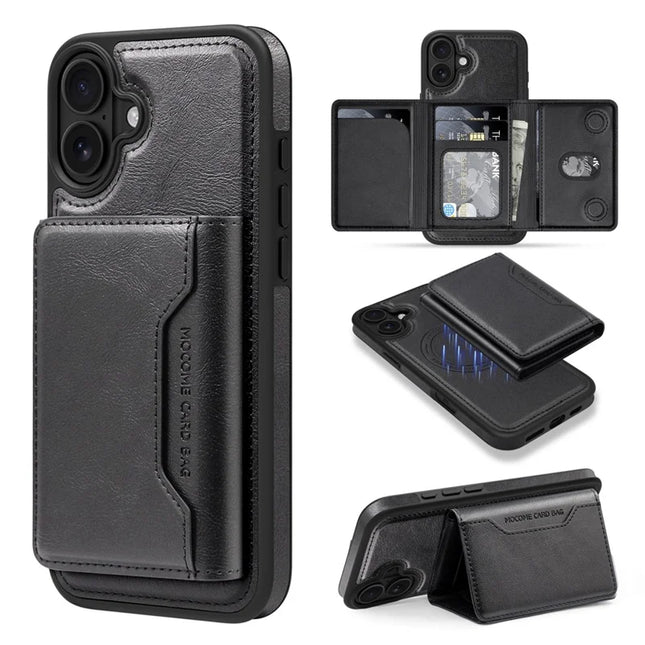 For iPhone 16 Plus Magnetic Case Leather Back Phone Cover with Detachable Card Bag - Black